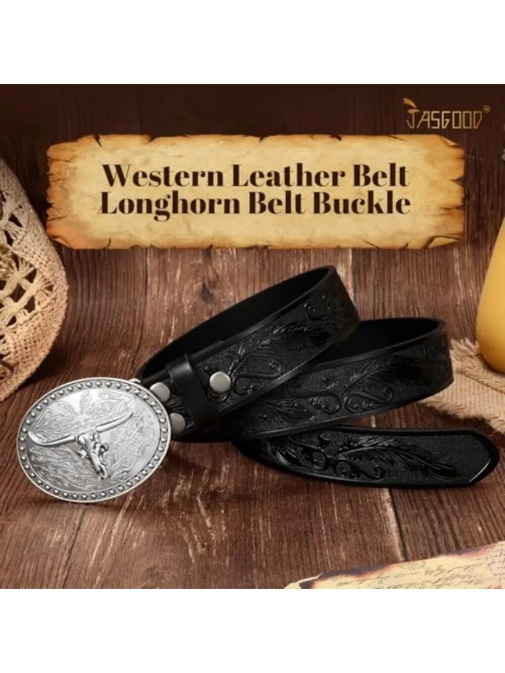 Western Leather Belt Floral Engraved Buckle Unisex Cowboy Belt